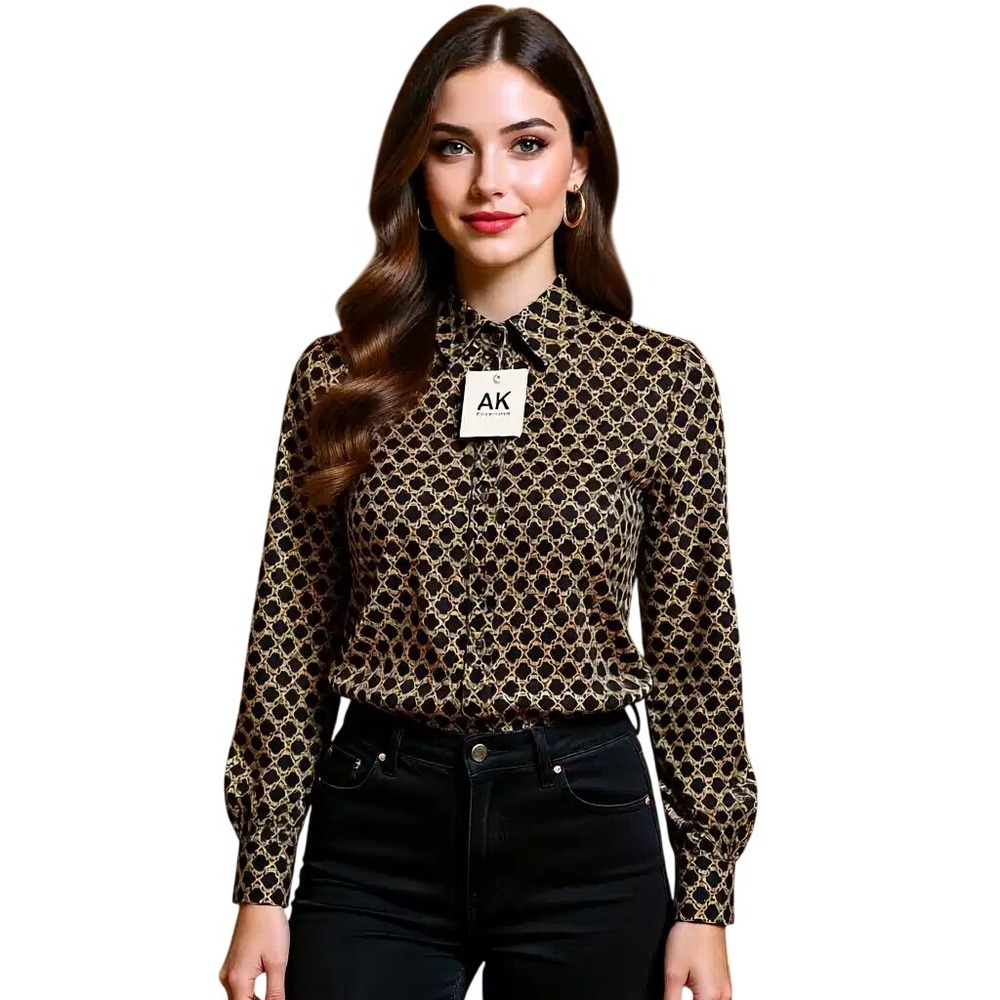 Anne Klein Womens Geometric Print Mock‎ Neck Long Sleeve Blouse XS NWTb